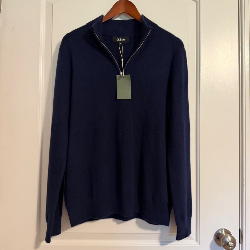 Quince Mens Navy Blue 100% Mongolian Cashmere Quarter Zip Sweater Large NWT Flaw